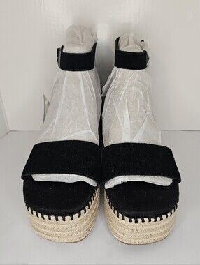 NWT TOMS Laila Black Suede Platform Espadrille Sandals Ankle Strap Women's 8.5